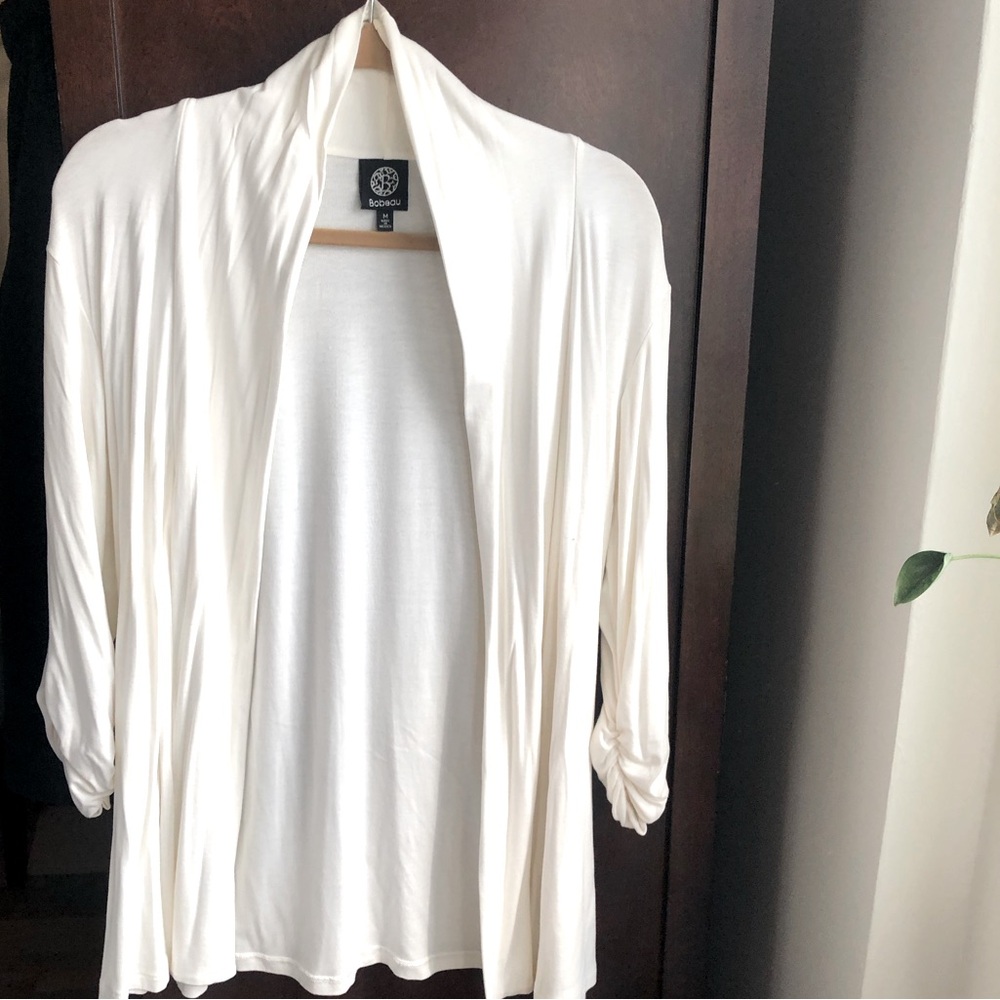 BOBEAU Shawl Collar 3/4 Scrunched Sleeve Waterfall Cardigan IVORY WHITE Medium